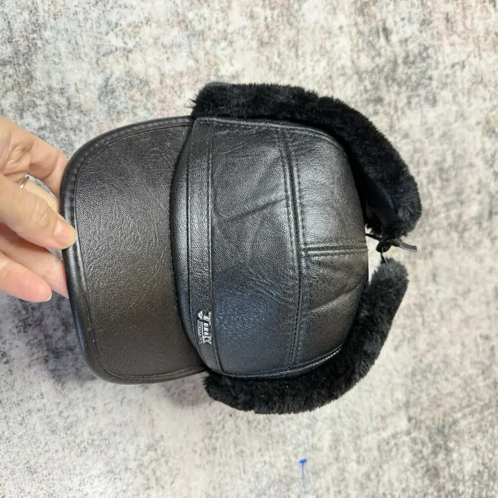 Faux Leather Faux Fur Trapper Aviator Hat Black Warm Winter Hat with Ear Flaps